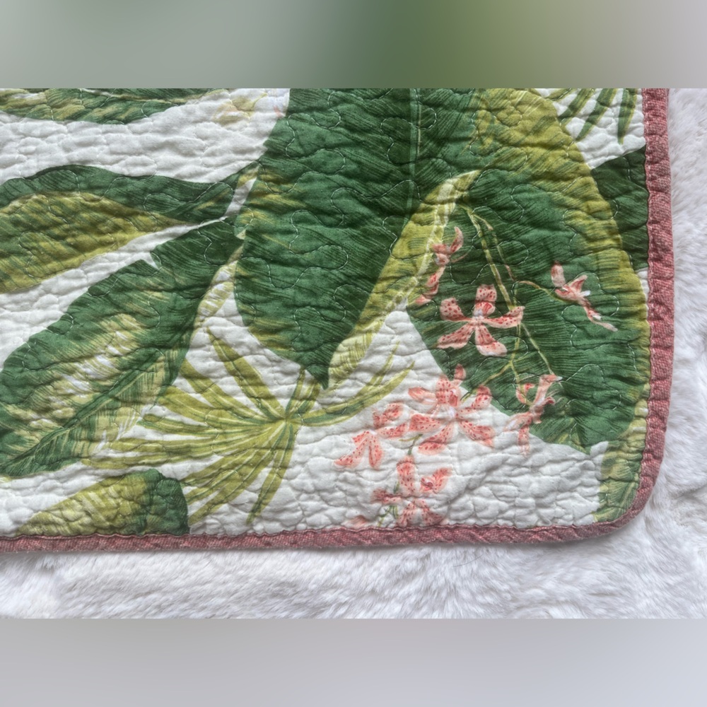 Two (2) Tommy Bahama Tropical floral standard pillow covers, pink/green